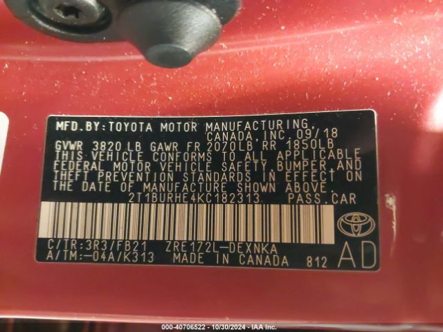 2T1BURHE4KC182313 Toyota COROLLA LE