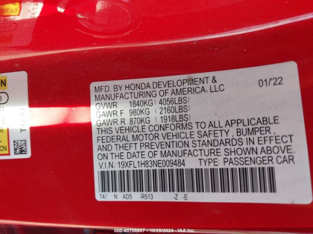 19XFL1H83NE009484 Honda Civic Sport Touring