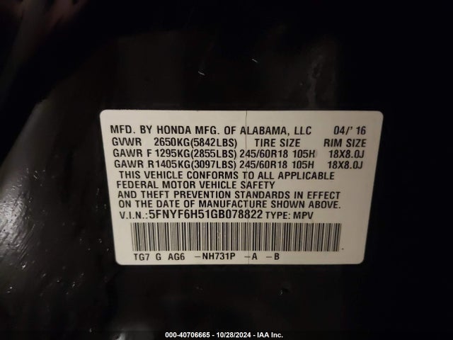 Honda Pilot Ex-l 2016 5FNYF6H51GB078822 Image 9