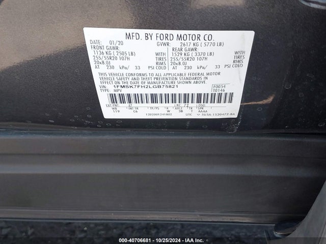 Ford Explorer Limited 2020 1FMSK7FH2LGB75821 Image 9