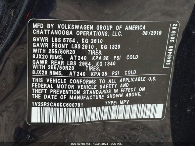 1V2SR2CA0KC600791 Volkswagen Atlas 3.6l V6 Sel R-line