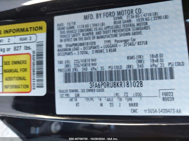 3FA6P0RU8KR181028 Ford Fusion Hybrid Titanium