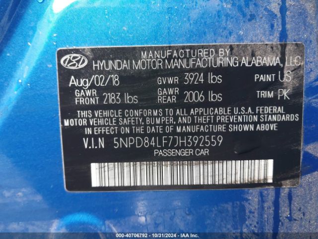 5NPD84LF7JH392559 Hyundai ELANTRA SEL