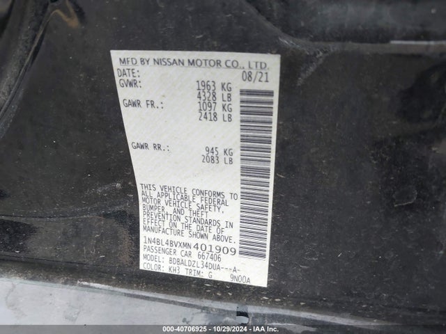 Nissan ALTIMA S 2021 1N4BL4BVXMN401909 Image 9