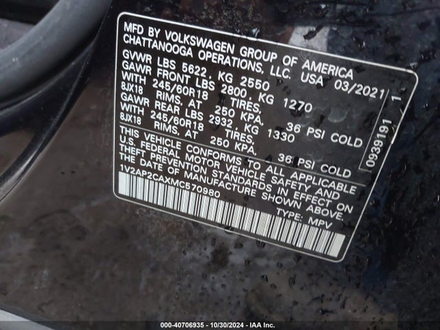 1V2AP2CAXMC570980 Volkswagen Atlas 2.0t S
