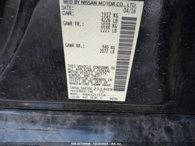 1N4AL3AP3GC211409 Nissan Altima 2.5/2.5 S/2.5 Sl/2.5 Sr/2.5 Sv