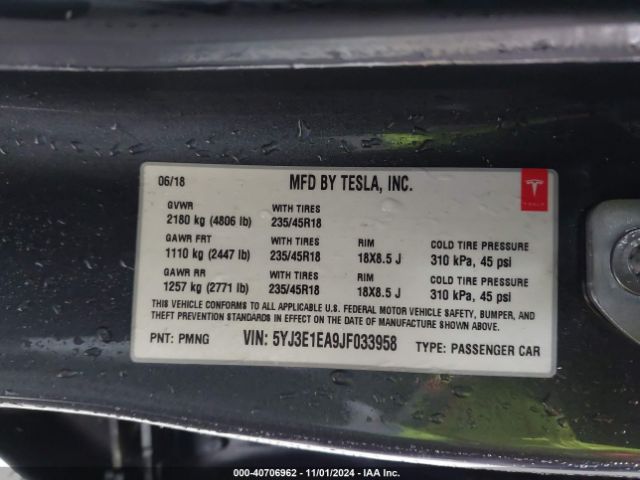 5YJ3E1EA9JF033958 Tesla Model 3 Long Range/mid Range