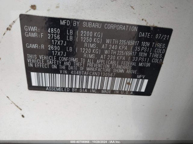 4S4BTAFC8N3130567 Subaru Outback Premium