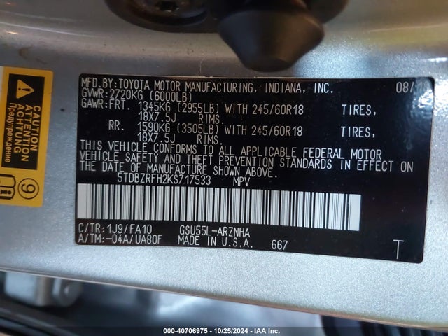 5TDBZRFH2KS717533 Toyota Highlander Le/le Plus