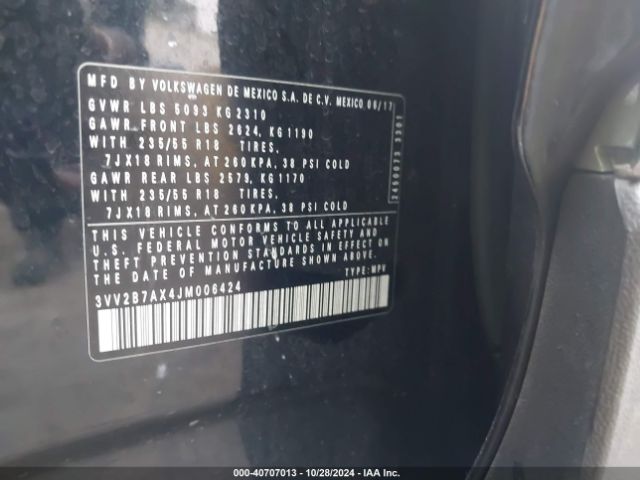 3VV2B7AX4JM006424 Volkswagen Tiguan 2.0t Se/2.0t Sel