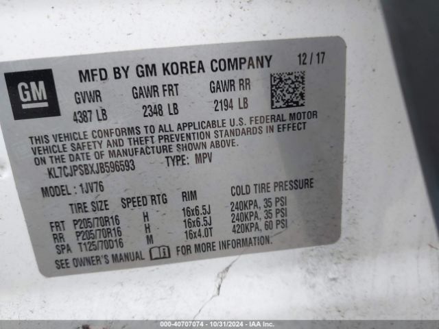 KL7CJPSBXJB596593 Chevrolet Trax Lt