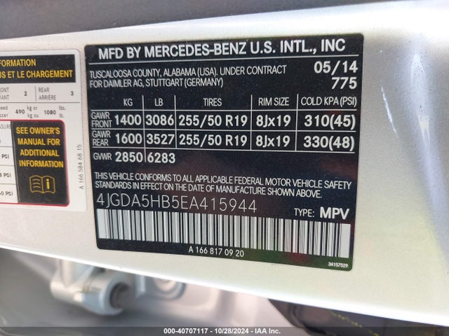 4JGDA5HB5EA415944 Mercedes-Benz Ml 350 4matic