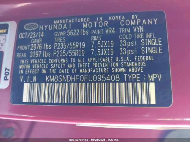 KM8SNDHF0FU095408 Hyundai Santa Fe Limited