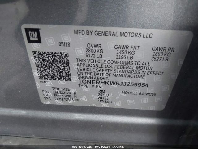 1GNERHKW5JJ259954 Chevrolet Traverse 3lt