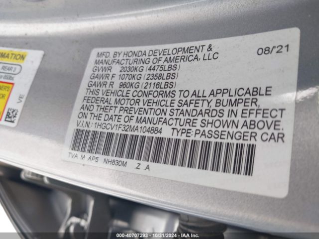 1HGCV1F32MA104884 Honda Accord Sport