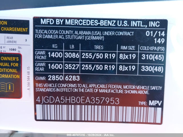 4JGDA5HB0EA357953 Mercedes-Benz Ml 350 4matic