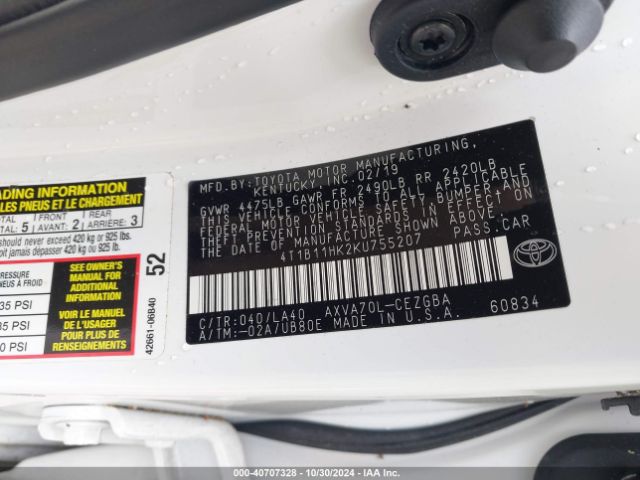 4T1B11HK2KU755207 Toyota CAMRY XLE