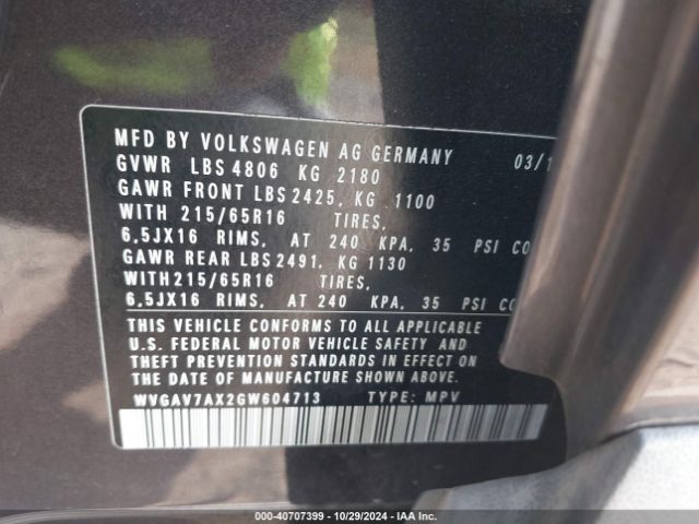 WVGAV7AX2GW604713 Volkswagen TIGUAN S
