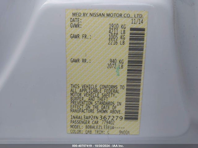 Nissan Altima 2.5 S 2015 1N4AL3AP2FN367279 Image 9