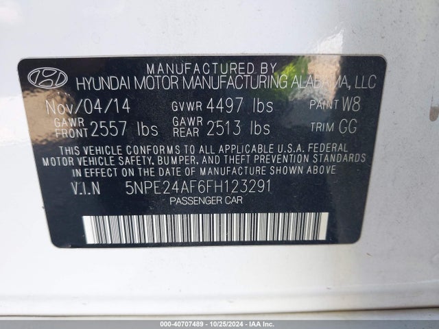 Hyundai SONATA SE 2015 5NPE24AF6FH123291 Image 9