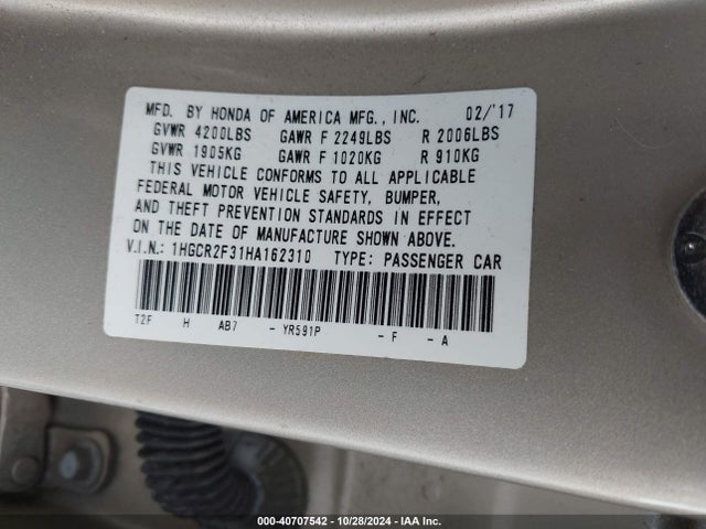 Honda ACCORD LX 2017 1HGCR2F31HA162310 Image 9