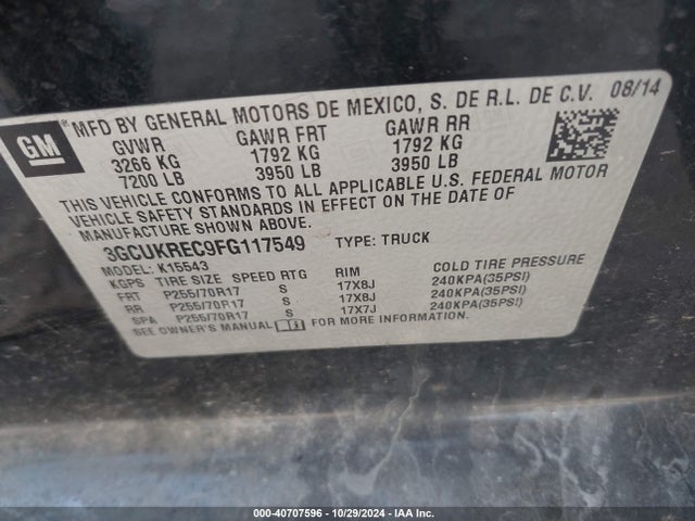 Chevrolet Silverado 1500 1lt 2015 3GCUKREC9FG117549 Image 9