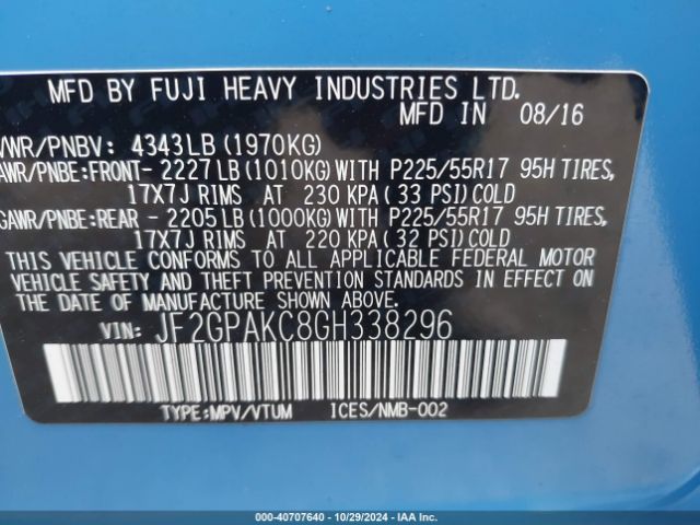 JF2GPAKC8GH338296 Subaru Crosstrek 2.0i Limited