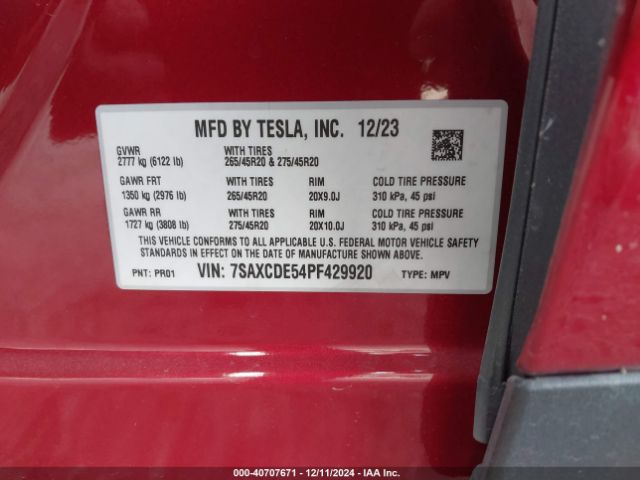 7SAXCDE54PF429920 Tesla Model X Dual Motor All-wheel Drive/standard Range