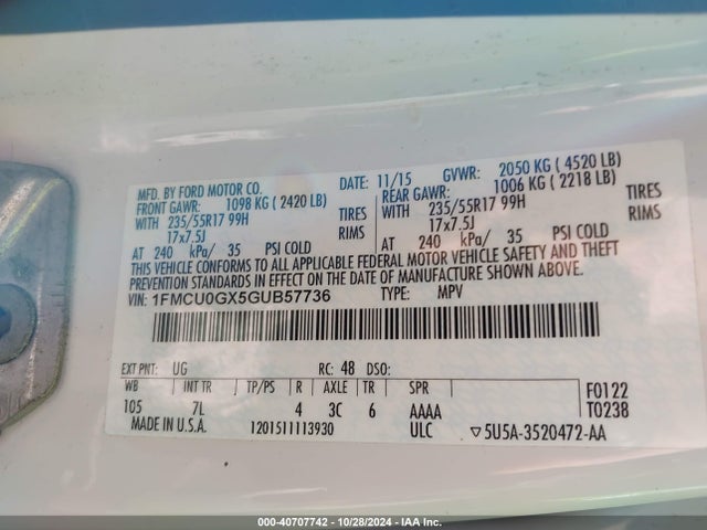 Ford ESCAPE SE 2016 1FMCU0GX5GUB57736 Image 9