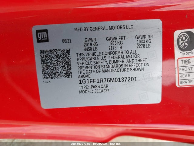 Chevrolet Camaro Rwd  Lt1 2021 1G1FF1R76M0137201 Image 9