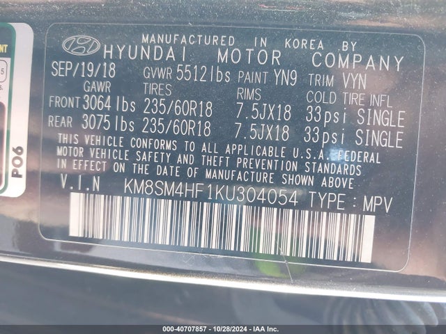 KM8SM4HF1KU304054 Hyundai Santa Fe Xl Se
