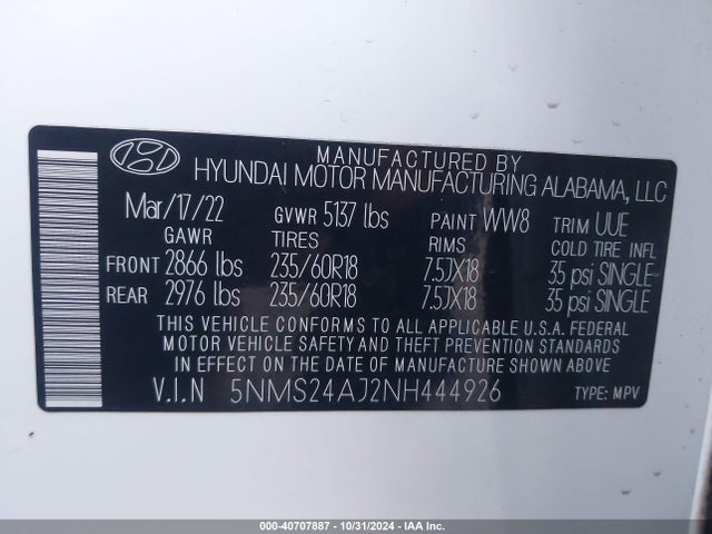 Hyundai Santa Fe Sel 2022 5NMS24AJ2NH444926 Image 9