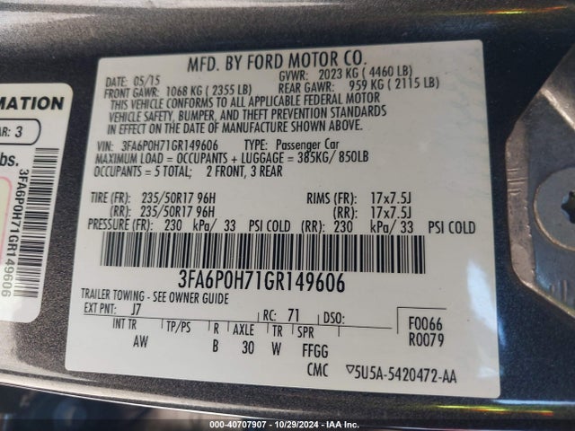 Ford FUSION SE 2016 3FA6P0H71GR149606 Image 9