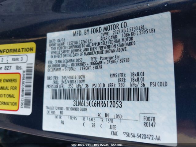 3LN6L5CC6HR612053 Lincoln MKZ SELECT