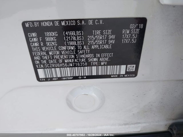 Honda HR-V EX 2018 3CZRU6H56JM716358 Image 9