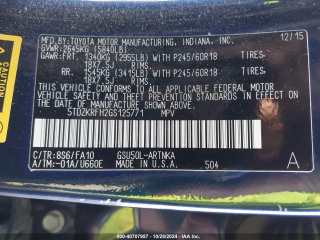 Toyota Highlander Le Plus V6 2016 5TDZKRFH2GS125771 Image 9