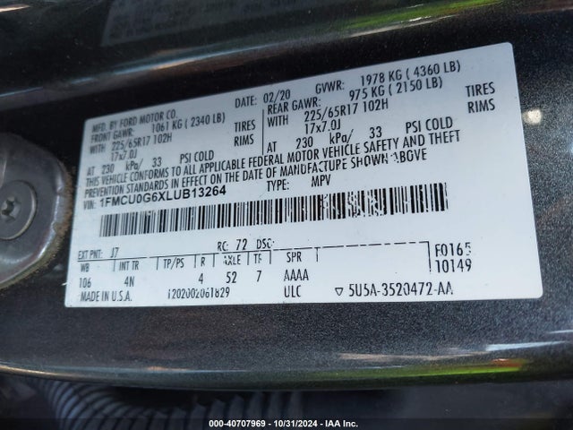 Ford ESCAPE SE 2020 1FMCU0G6XLUB13264 Image 9