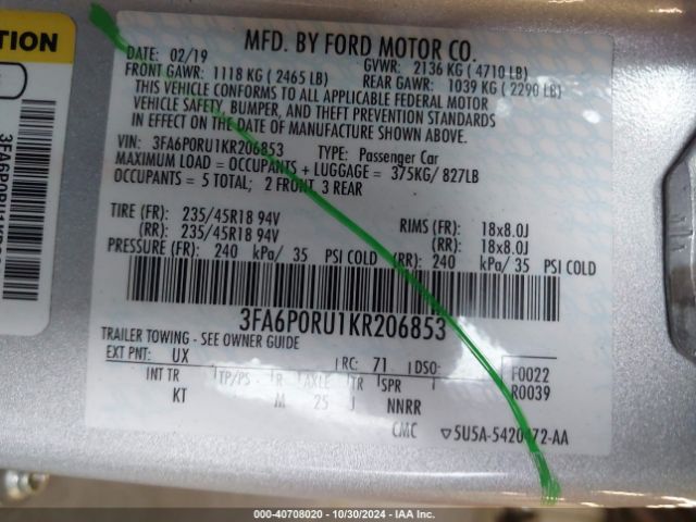 3FA6P0RU1KR206853 Ford Fusion Hybrid Titanium