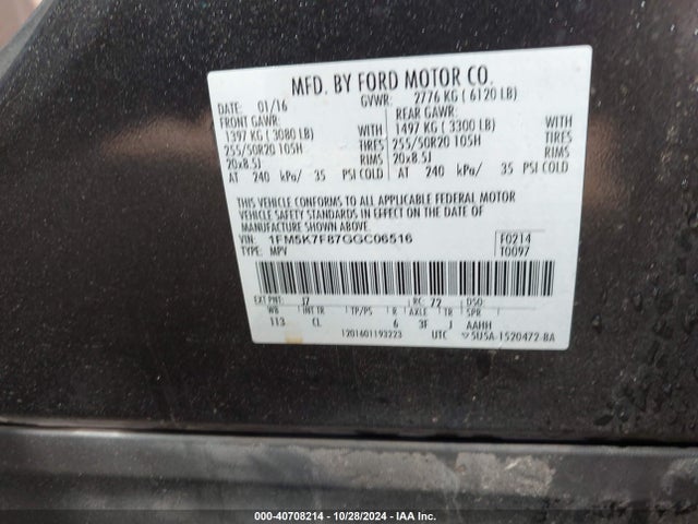 Ford Explorer Limited 2016 1FM5K7F87GGC06516 Image 9