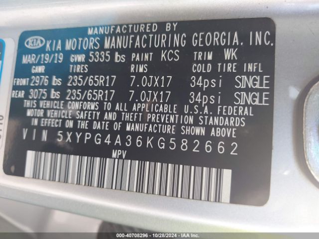 5XYPG4A36KG582662 KIA Sorento 2.4l L