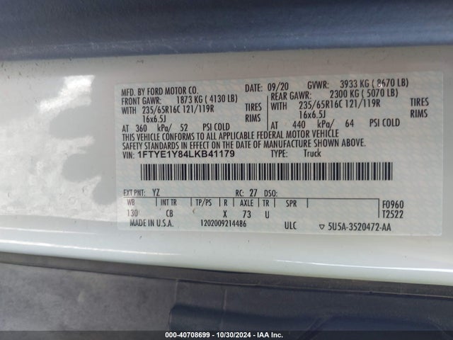Ford Transit-150 Cargo Van 2020 1FTYE1Y84LKB41179 Image 9