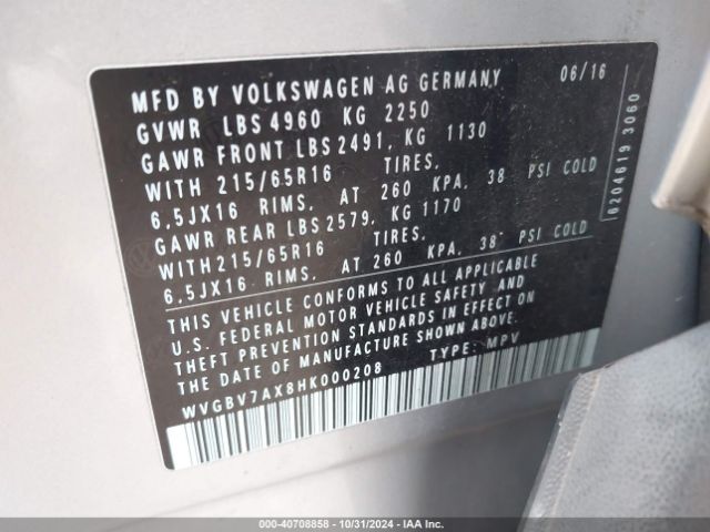 WVGBV7AX8HK000208 Volkswagen Tiguan 2.0t S