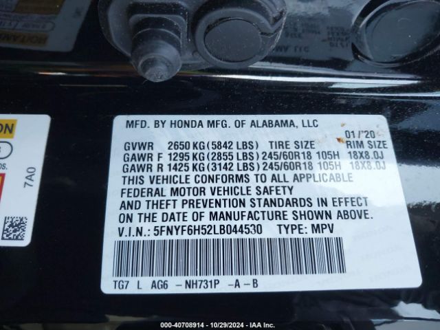 5FNYF6H52LB044530 Honda Pilot Awd Ex-l