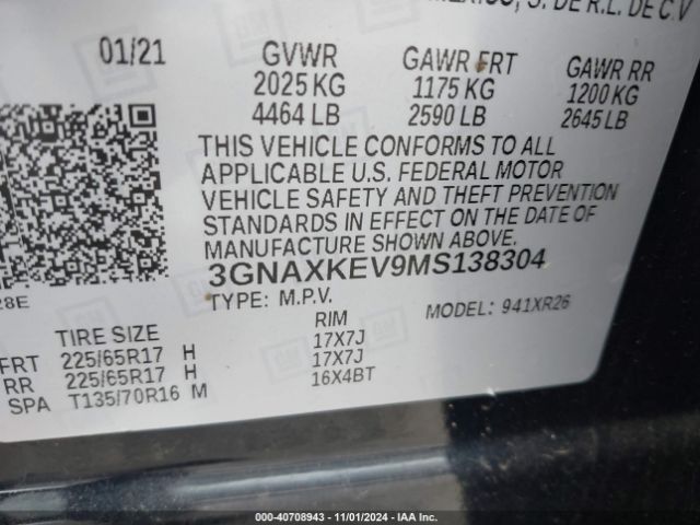 3GNAXKEV9MS138304 Chevrolet Equinox Fwd Lt