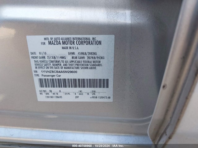 2010 Mazda Mazda6 S Grand Touring მანქანა იყიდება აუქციონზე, vin: 1YVHZ8CB4A5M29600, აუქციონის ნომერი: 40708968