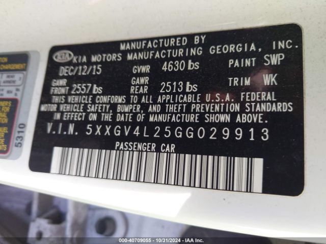 5XXGV4L25GG029913 KIA Optima Sxl Turbo