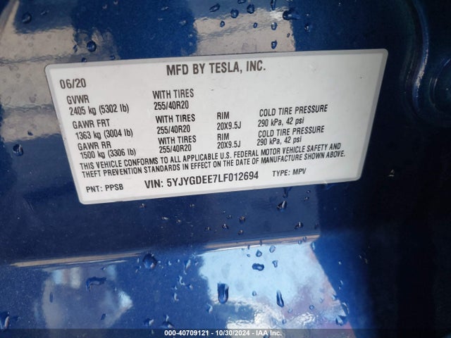 2020 TESLA MODEL Y 5YJYGDEE7LF012694 Photo 8