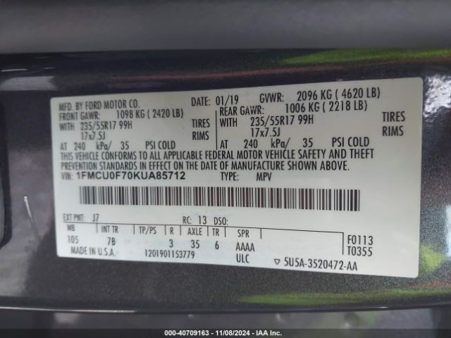 1FMCU0F70KUA85712 Ford ESCAPE S