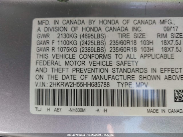 Honda CR-V EX 2017 2HKRW2H55HH685788 Image 9