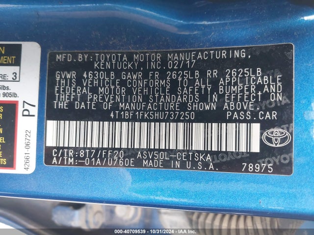 Toyota CAMRY SE 2017 4T1BF1FK5HU737250 Image 9